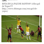 Tuit de Uribe publicado hoy reclama que era gol de Yepes